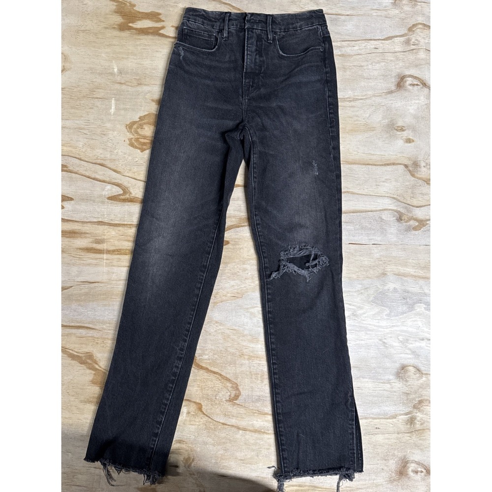 Good American Black 2/26 Distressed With Fake‎ Whole And Side Slit Straight Legs